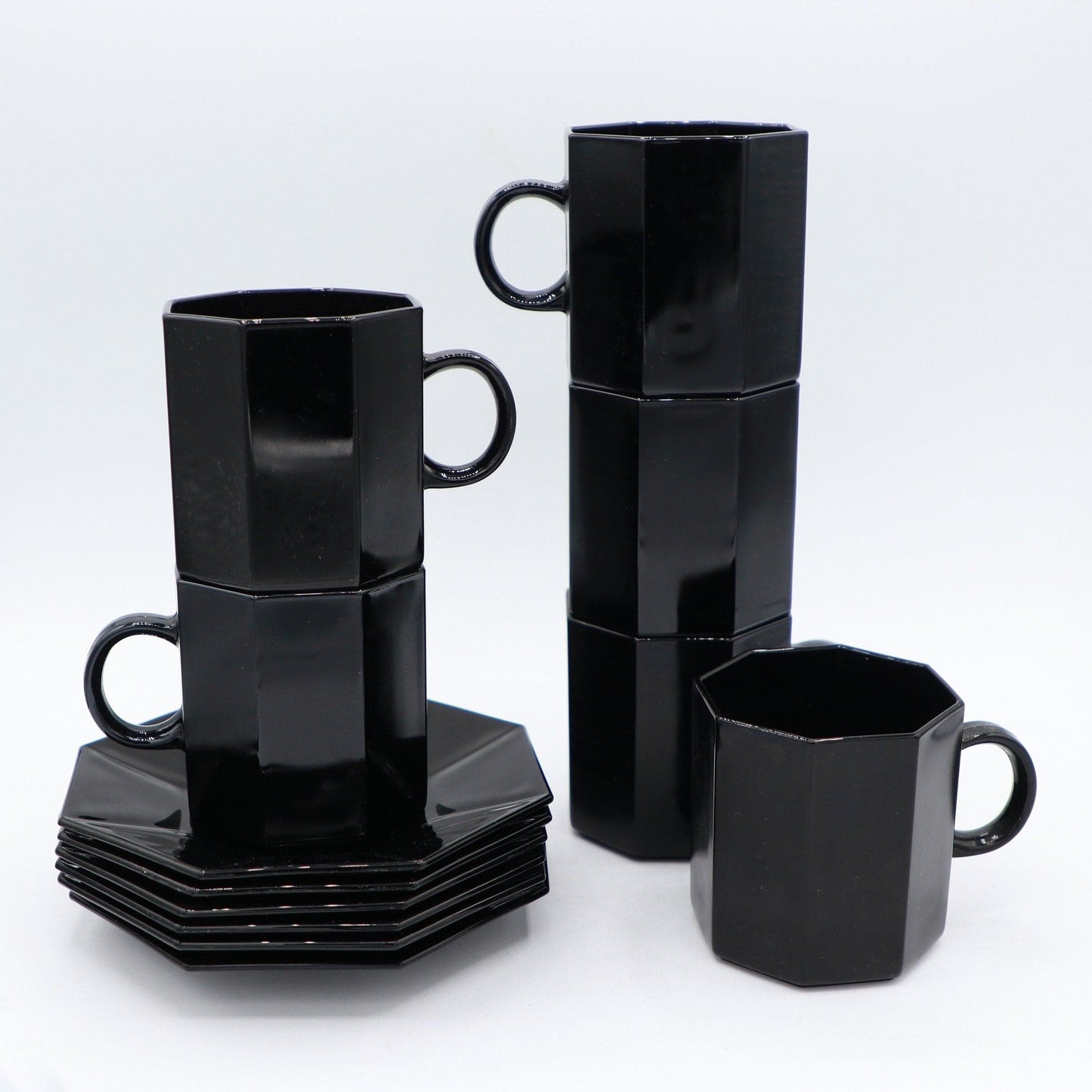 6 Octime COFFEE M Cups Arcoroc Black Glass Tea France Set 80s 90s Luminarc France Art Deco Revival