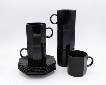 KAFFEE Tassen M Arcoroc Octime Schwarz Glas Tee Frankreich Set 80er 90er Luminarc France Art Deco Revival