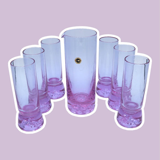 vintage Set Verres à boire Alexandrite Verre Coupé CAN Italie Néodyme Italie Années 70 Carafe Carafe Cristal Bol Murano Lilas Rose