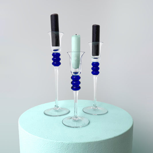 3 vintage candle holders glass blue 80s 90s Memphis Milano Postmodern pyramid candlestick candle holder cobalt ultramarine