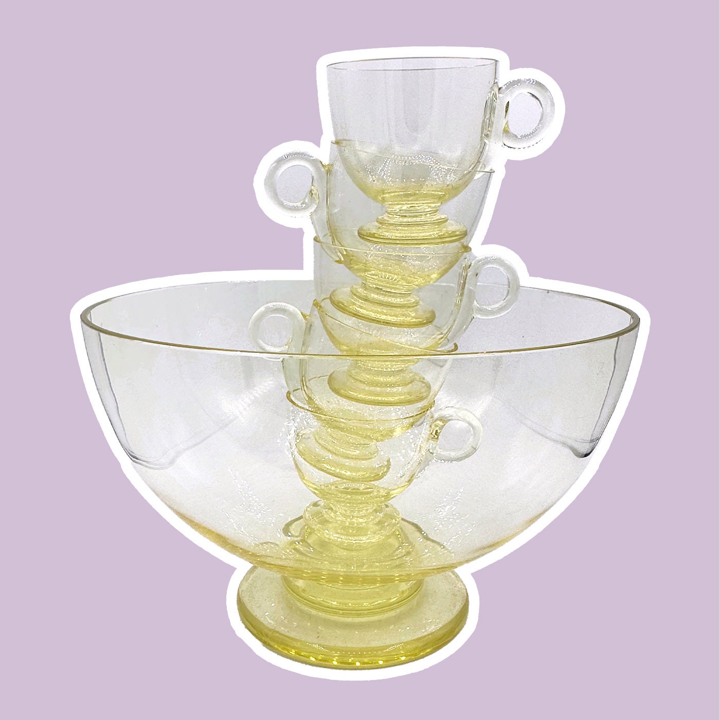 Vintage Art Déco Punch Set Verre Citrine Jaune Tasse Bol Vase 30s Bohême CZ Bauhaus 1930 Bol