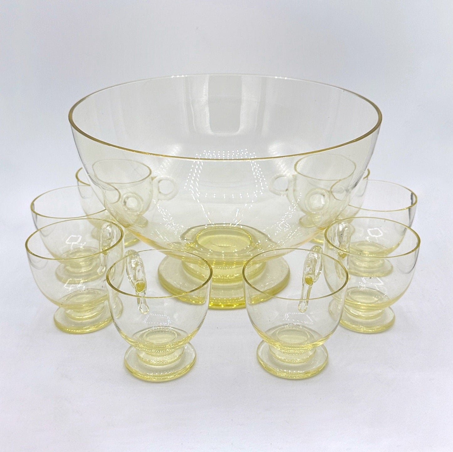 Vintage Art Deco Bowle Set Glas Citrin Gelb Tasse Schale Vase 30er Bohemia CZ Bauhaus 1930 Schüssel