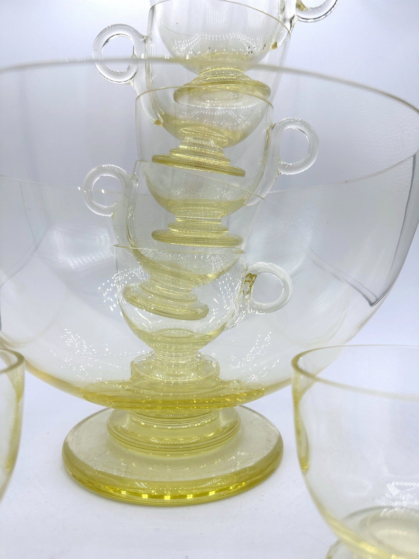 Vintage Art Deco Bowle Set Glas Citrin Gelb Tasse Schale Vase 30er Bohemia CZ Bauhaus 1930 Schüssel