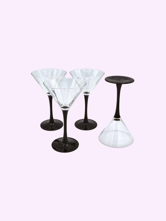 4 Vintage Martini Glasses Black Domino Luminarc Onyx Sparkling Wine Bowls Goblet Chalice Minimalist 80s Art Deco Revival France