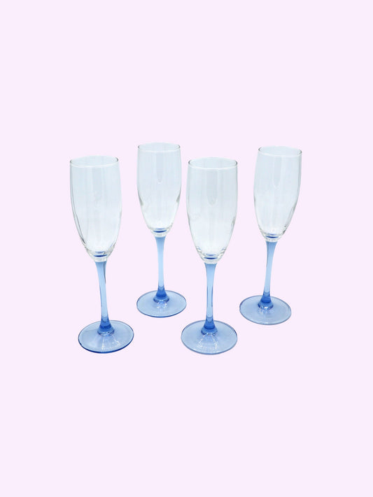 4 verres à champagne Luminarc vintage années 80 bleu azur bleu clair coupe gobelet art déco revival champagne champagne postmoderne