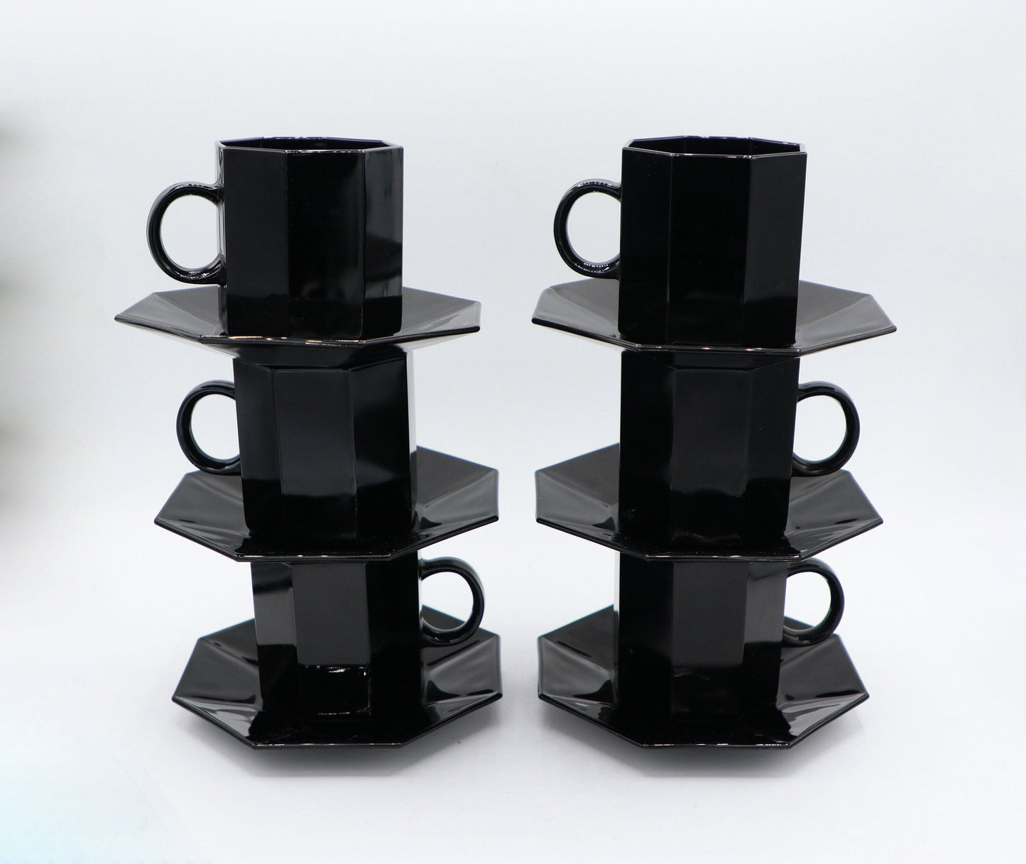 6 Octime COFFEE M Cups Arcoroc Black Glass Tea France Set 80s 90s Luminarc France Art Deco Revival