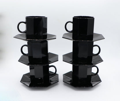 Tasses à café M Arcoroc Octime Thé en verre noir France Set 80s 90s Luminarc France Art Déco Revival