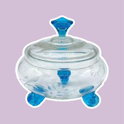 Vintage Art Deco Sugar Bowl Glass Azure Blue Cut Floral Lidded Jar Bauhaus Lid Can Bowl 30s 1930