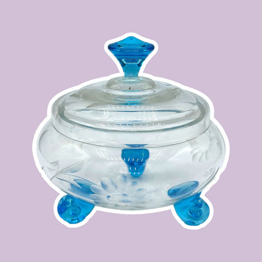 Vintage Art Deco Sugar Bowl Glass Azure Blue Cut Floral Lidded Jar Bauhaus Lid Can Bowl 30s 1930