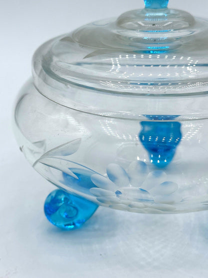 Vintage Art Deco Sugar Bowl Glass Azure Blue Cut Floral Lidded Jar Bauhaus Lid Can Bowl 30s 1930