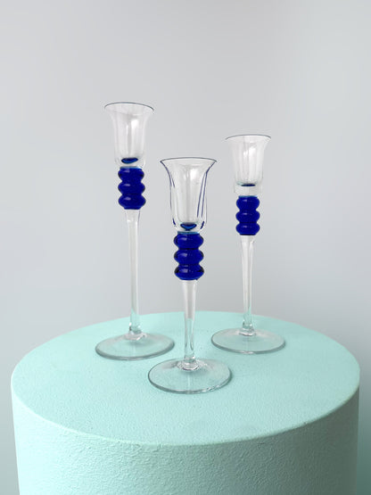 3 vintage Kerzenhalter Glas Blau 80er 90er Memphis Milano Postmodern Pyramide Kerzenleuchter Kerzenständer Kobalt Ultramarine