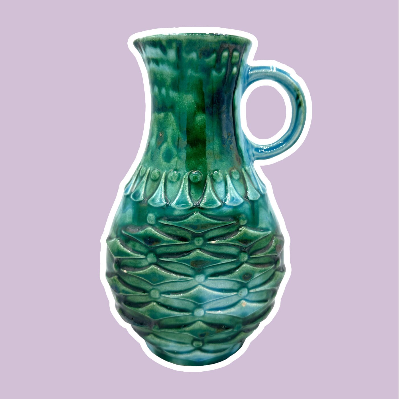 Vaseübelacker en céramique vintage « 1651 20 » années 70 Fat Lava Vert Turquoise Poignée Vase Mid Century Glaze Scheurich Bay MF Karlsruhe Moderniste