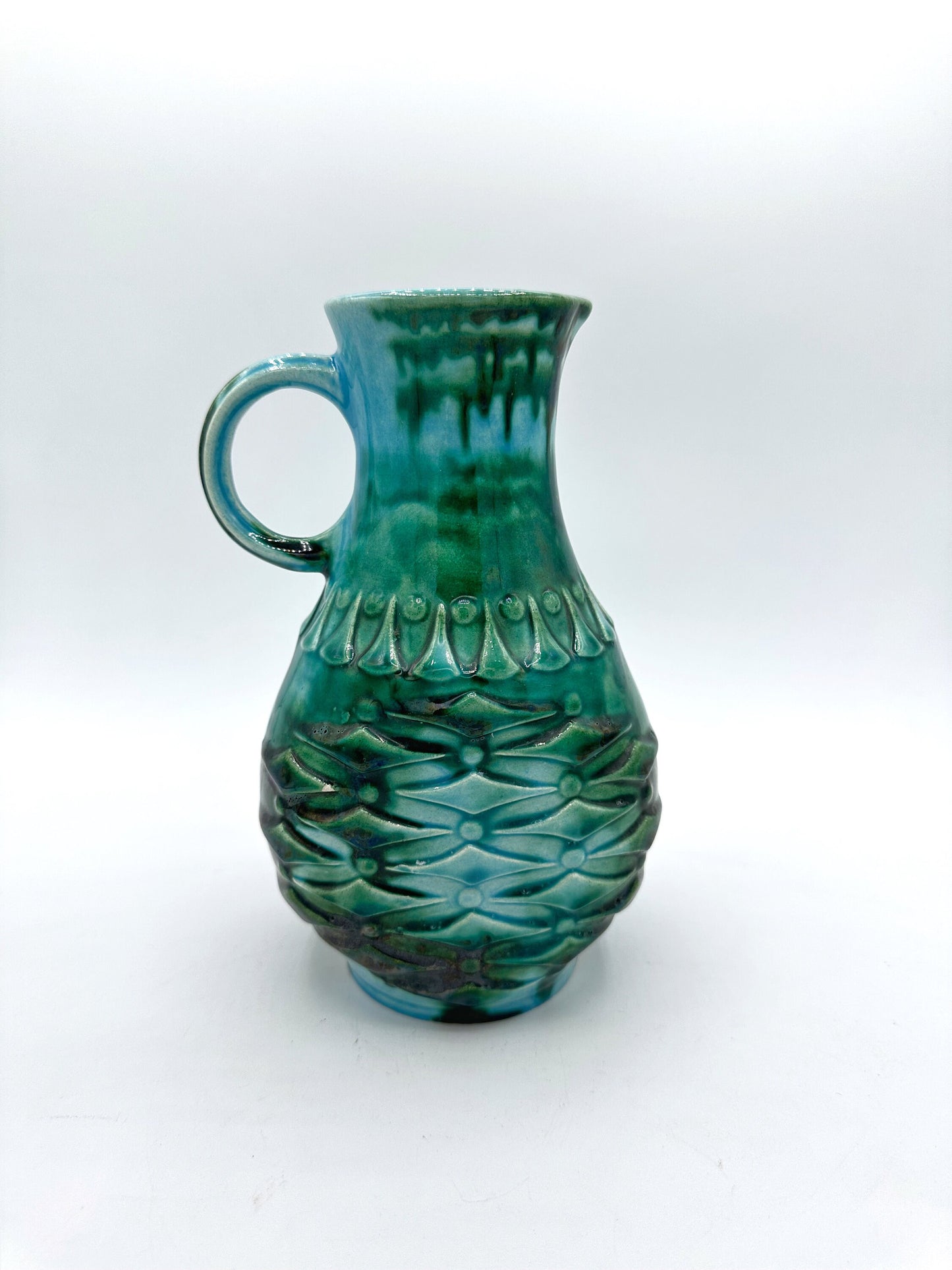 Vintage Ceramic Vase Übelacker "1651 20" 70s Fat Lava Green Turquoise Handle Vase Mid Century Glaze Scheurich Bay MF Karlsruhe Modernist