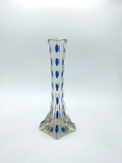 Vintage Art Deko Glas Blumenvase Geschliffen Blaue Punkte Überfang Kristall Orchideenvase Orchidee Hoch Schmal Dünn Solifleur Jugendstil