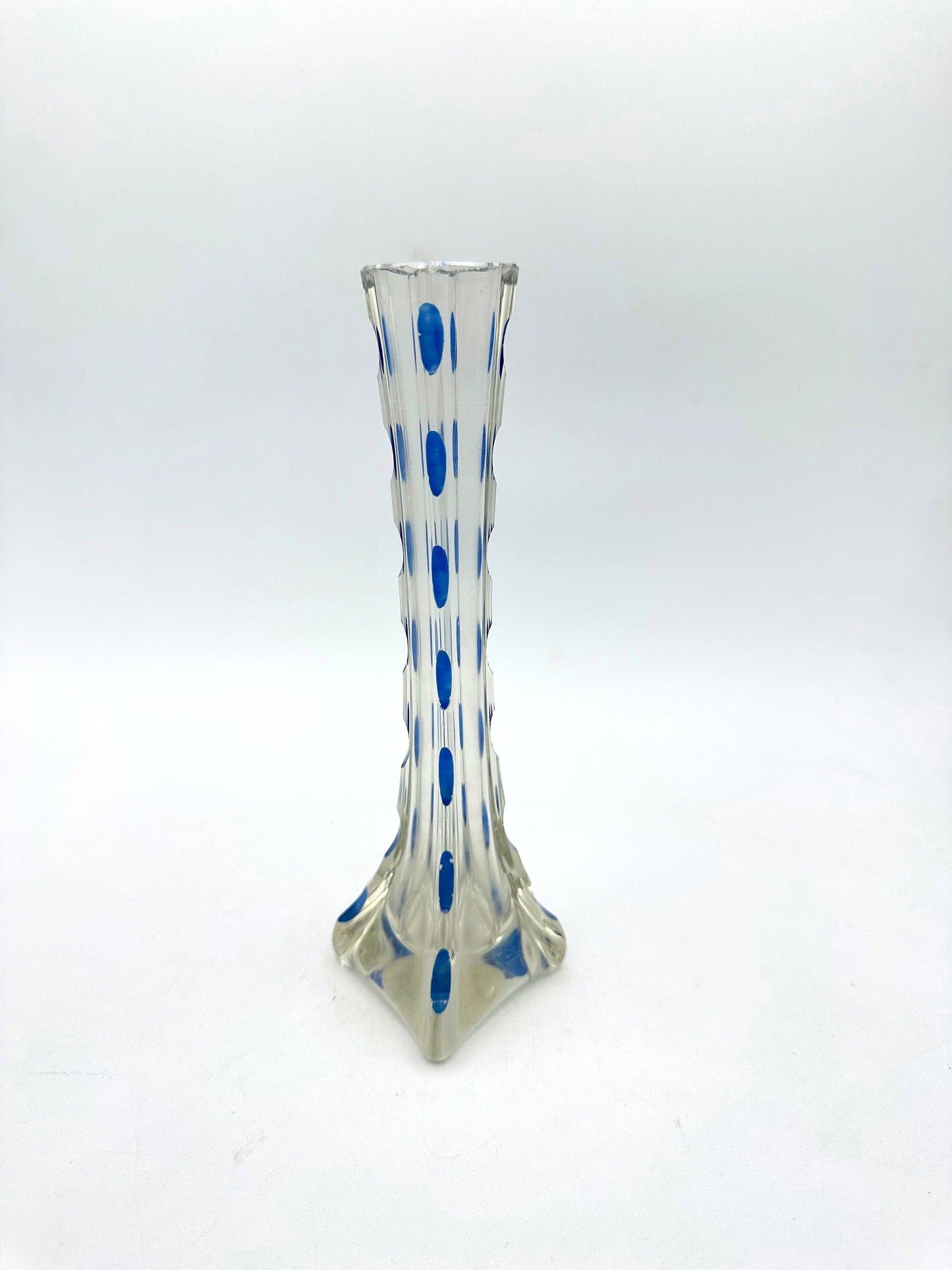 Vintage Art Deko Glas Blumenvase Geschliffen Blaue Punkte Überfang Kristall Orchideenvase Orchidee Hoch Schmal Dünn Solifleur Jugendstil