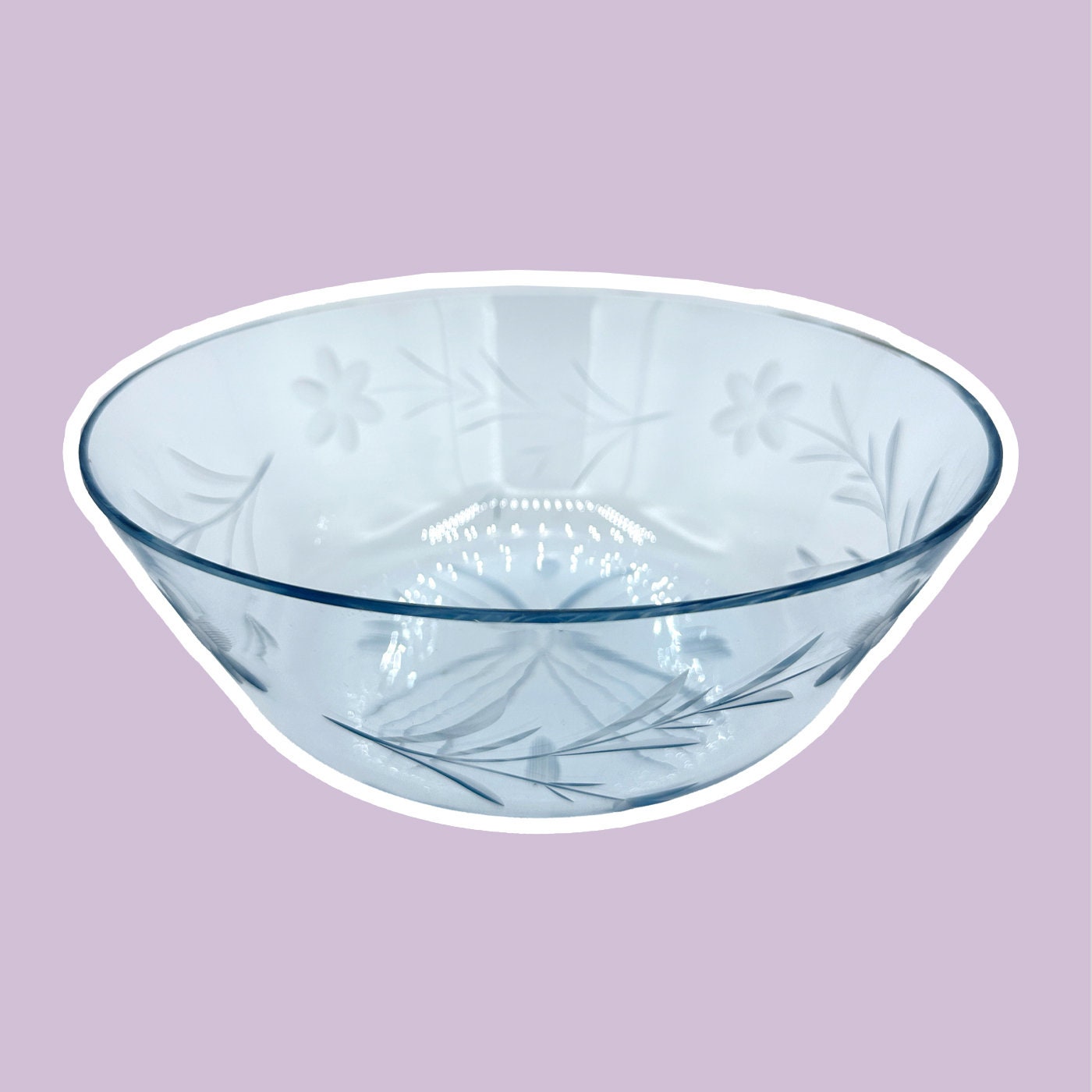 VintageArt Deco Glass Bowl Light Blue Fruit Bowl Salad Bowl 1930 30s Salad Bowl Cut Decor Floral Flowers Leaves