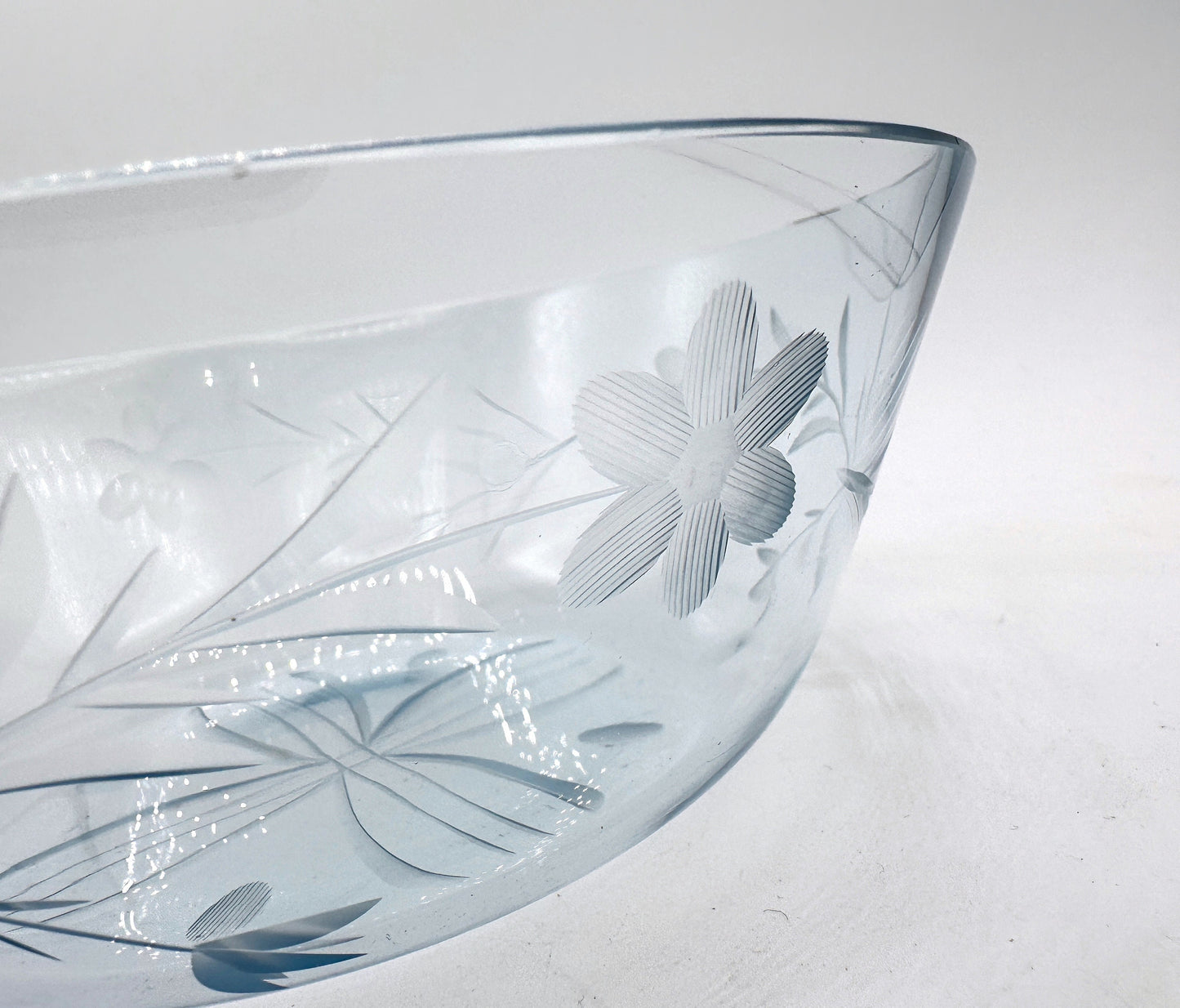 VintageArt Deco Glas Schale Hellblau Obstschale Salatschale Schüssel 1930 30er Salatschüssel Geschliffen Dekor Floral Blüten Blätter