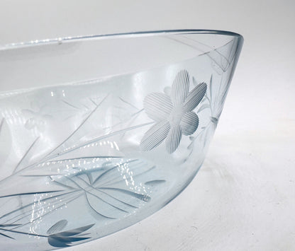 VintageArt Deco Glass Bowl Light Blue Fruit Bowl Salad Bowl 1930 30s Salad Bowl Cut Decor Floral Flowers Leaves