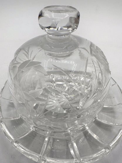 kleine Vintage Kristall Glas Butter Dose Haube Kaviar Art Deco 30er Geschliffen Bleischliff Dekor Blau Behälter Deckeldose