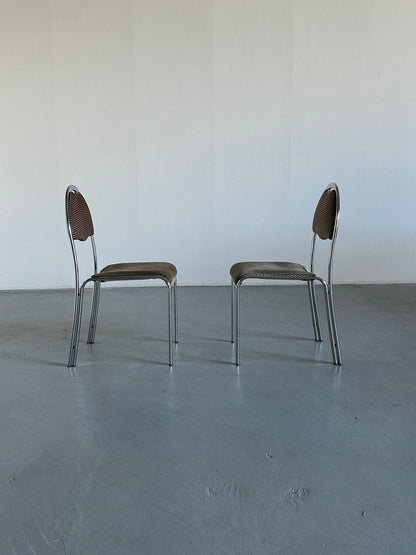 Set of 2 Mid-Century Modern European Diner or Cafe Style Chrome Upholstered Chairs in the style of Saporiti, Italy, 1970s Vintage