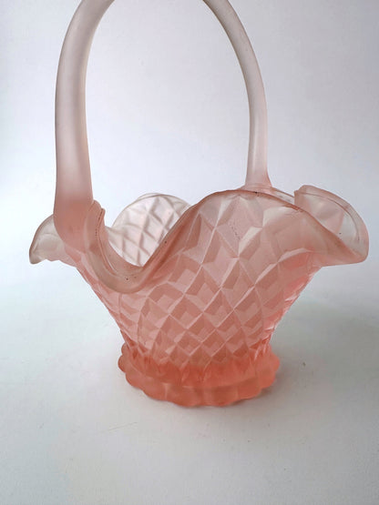 Vintage Bonbonniere / Handle Bowl Pink Rosalin Frosted Glass Lidded Jar Knobs Polished