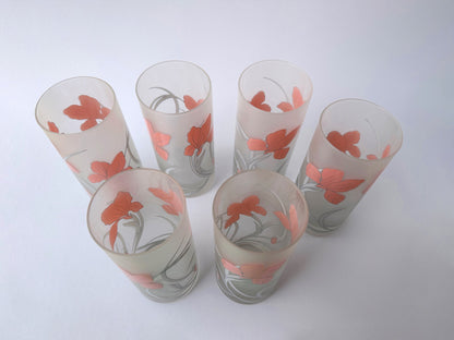 vintage 6 verres à boire italiens par Cerve Italia Art Déco Revival Flowers Floral Pattern Decor Glass 80s 1980 Matt Satin