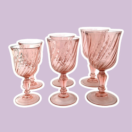 Set 6 Vintage Gläser Gläser Rosa Wein Sekt Wasser Arcoroc Trinkglas  Rose Swirl Rosalin Pink 80er Art Deco Revival France Frankreich - 2nd home