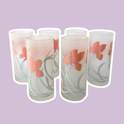 vintage 6 verres à boire italiens par Cerve Italia Art Déco Revival Flowers Floral Pattern Decor Glass 80s 1980 Matt Satin