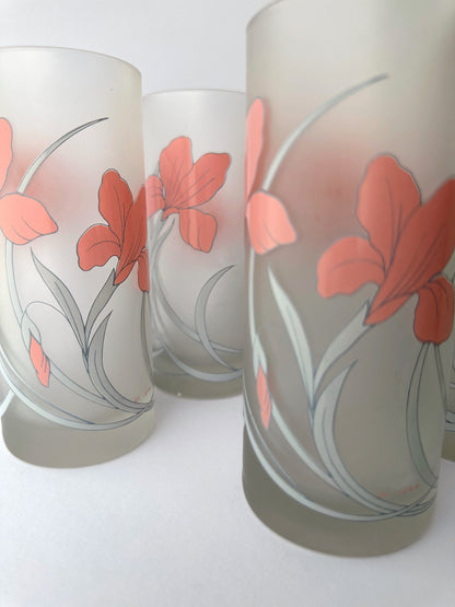 vintage 6 verres à boire italiens par Cerve Italia Art Déco Revival Flowers Floral Pattern Decor Glass 80s 1980 Matt Satin