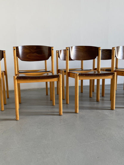 Chaises de salle à manger empilables ou chaises visiteurs dans le style de Roland Rainer, hêtre et contreplaqué teinté, vintage Allemagne des années 1970