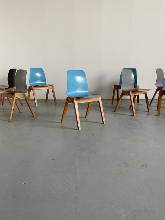 Chaises de salle à manger empilables modernes du milieu du siècle bleues, Adam Stegner pour Pagholz Flötotto, vintage des années 1960