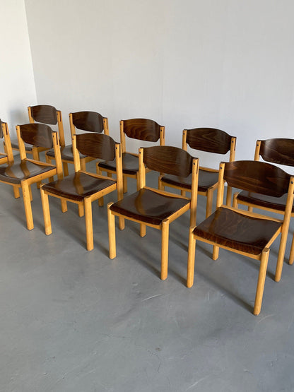 Chaises de salle à manger empilables ou chaises visiteurs dans le style de Roland Rainer, hêtre et contreplaqué teinté, vintage Allemagne des années 1970