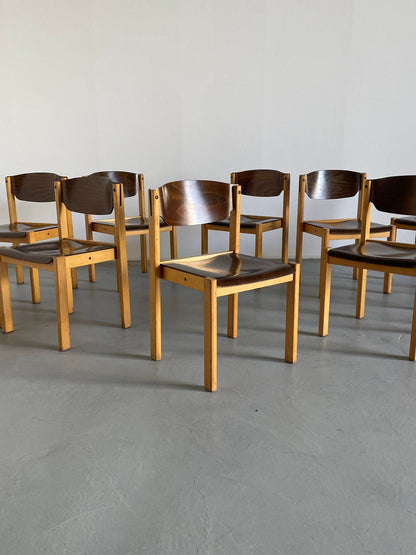 Chaises de salle à manger empilables ou chaises visiteurs dans le style de Roland Rainer, hêtre et contreplaqué teinté, vintage Allemagne des années 1970