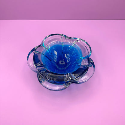 Vintage Bohemian Ashtray Bowl CZ Glass Blue Flower 60s 70s Seguso Cobalt Ultramarine Blue 70s 1970