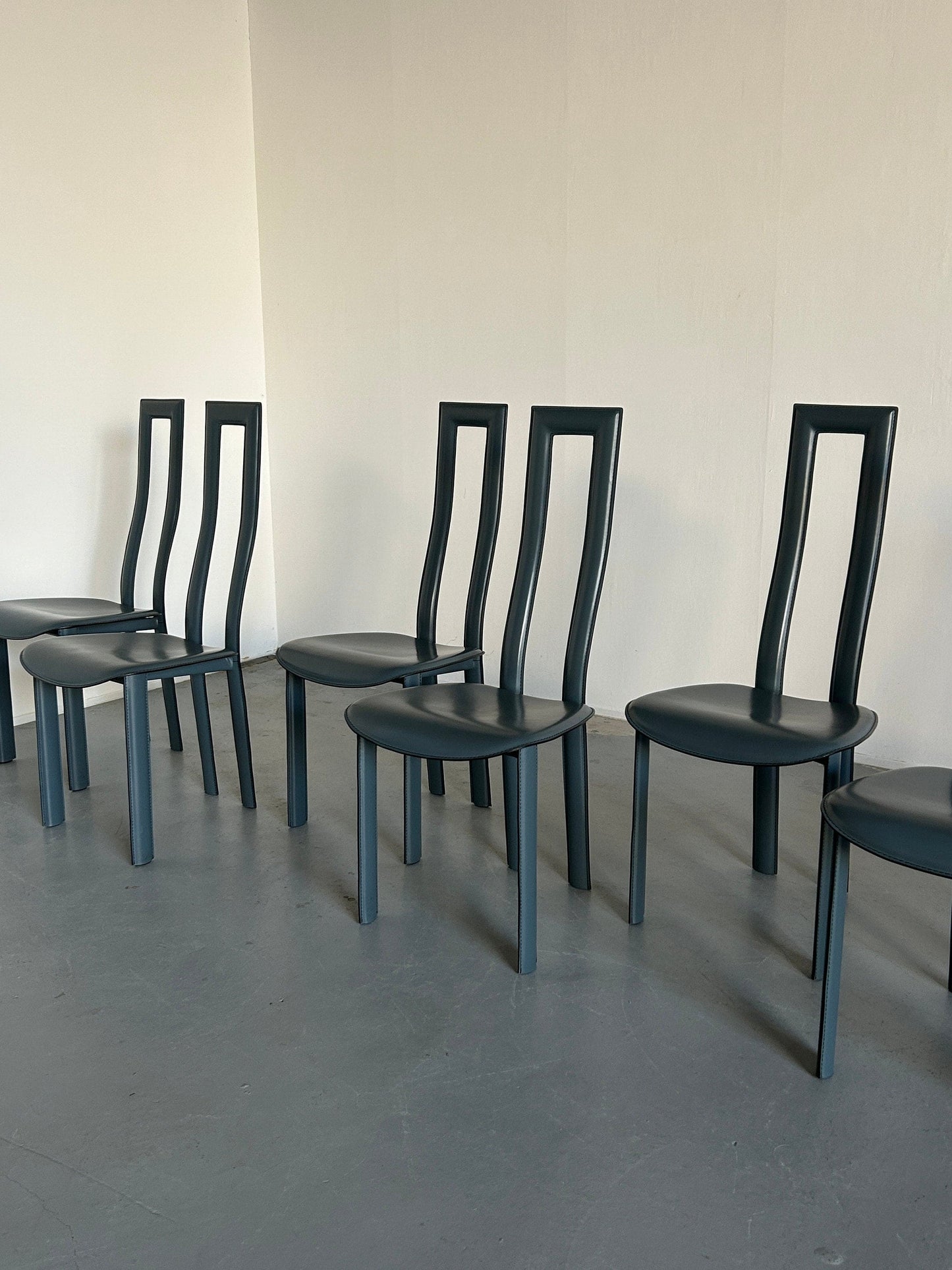 Set of 8 Vintage Italian Leather High Back Postmodern Dining Chairs, in Style of Pietro Constantini, 1980s Italy