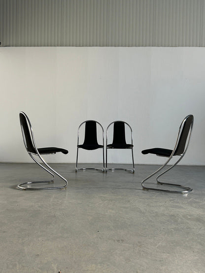 1 of 4 Italian Space Age chromed tubular steel cantilever chairs in the style of Willy Rizzo for Cidue, 1980s Italy Vintage