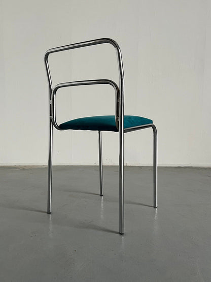 1 of 8 Bauhaus Chrome Tubular Steel and Green Velvet / 1980s Italian Modernist Stackable Dining Chairs Vintage