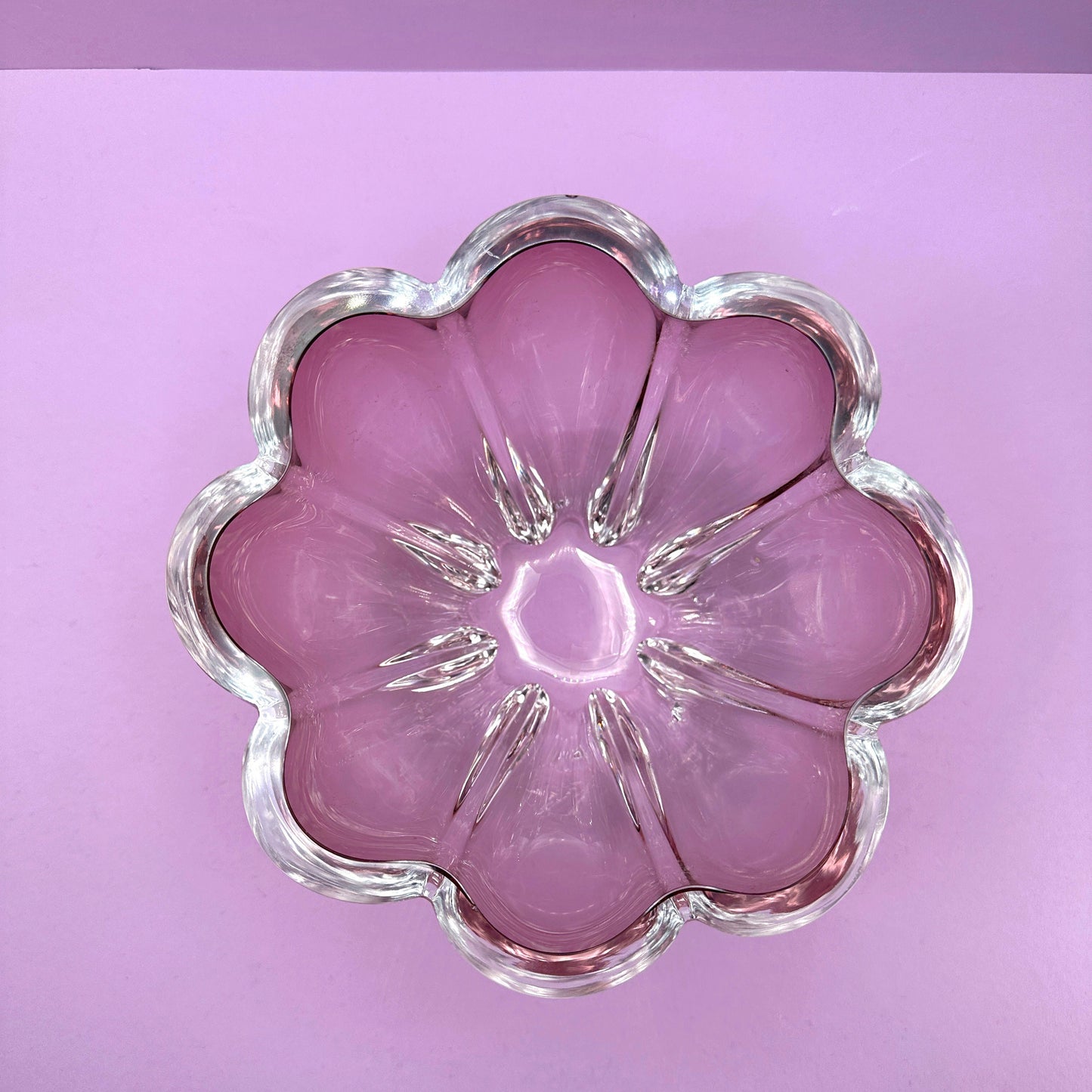 Vintage Kristall Glas Schale Schüssel Seguso Technik Cranberry Rot Magenta 1980 80er Blumen Floral Blüte Form violett