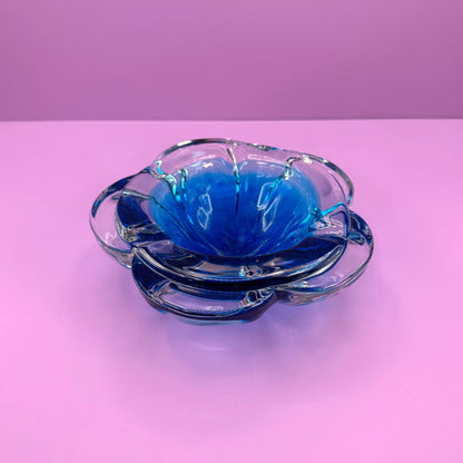 Vintage Bohemian Ashtray Bowl CZ Glass Blue Flower 60s 70s Seguso Cobalt Ultramarine Blue 70s 1970