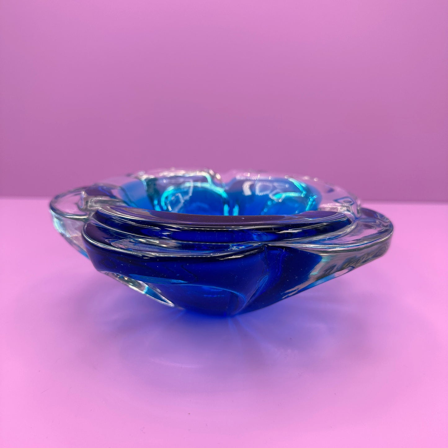 Vintage Bohemian Ashtray Bowl CZ Glass Blue Flower 60s 70s Seguso Cobalt Ultramarine Blue 70s 1970