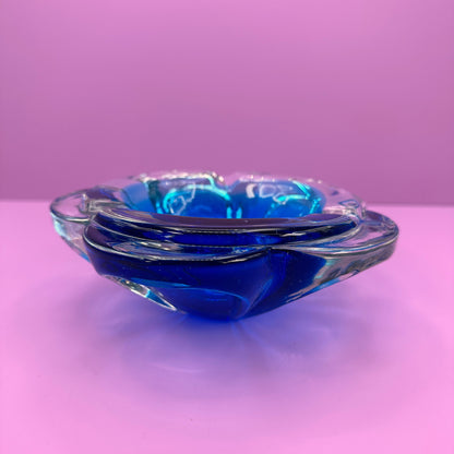 Vintage Bohemian Ashtray Bowl CZ Glass Blue Flower 60s 70s Seguso Cobalt Ultramarine Blue 70s 1970