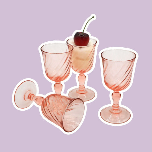 4 Vintage Liqueur / Port Wine Glasses Pink Arcoroc Drinking Glass Rose Swirl Rosalin Pink 80s Art Deco Revival France France Luminarc