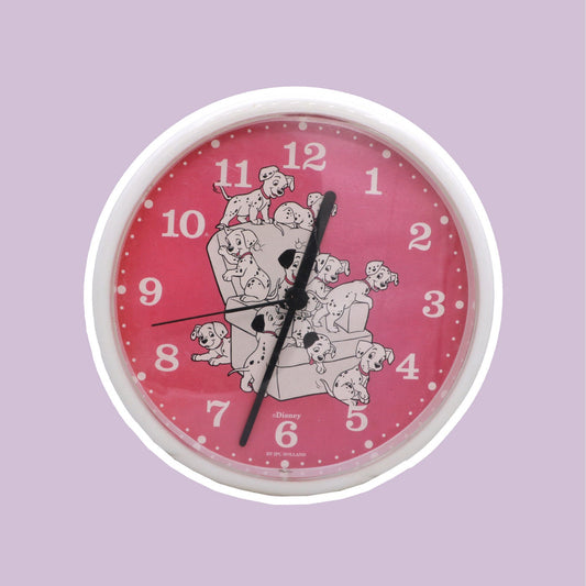 Horloge murale vintage Disney 101 Dalmatiens Rose Blanc années 90 Cruella De Ville Wall Clock 1990