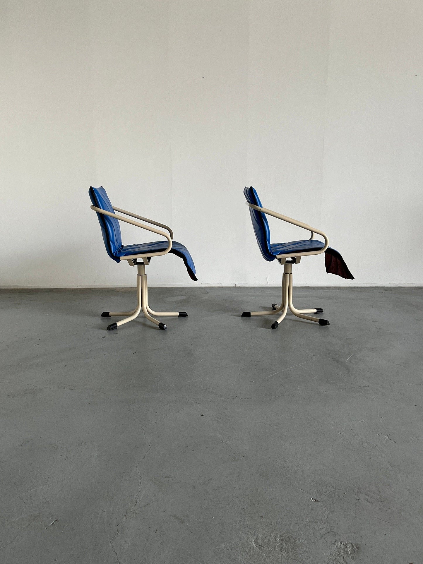 1 of 2 Atomic Age Blue Faux Leather Swivel Armchairs or Barber Chairs by Müster, 1980s Germany Vintage