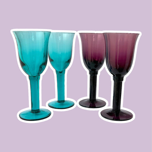 4 wine / water goblets turquoise violet vintage glasses goblets 80s 90s Gunther Lambert Corsica white wine red wine goblet