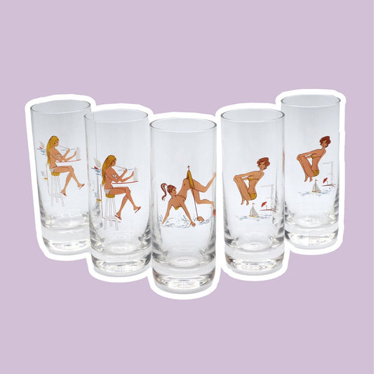 5 Vintage Drinking Glasses Pin Up Erotica Mid Century Women on the Beach Bikini Surfer Sexy Rarity 60s 50s 70s