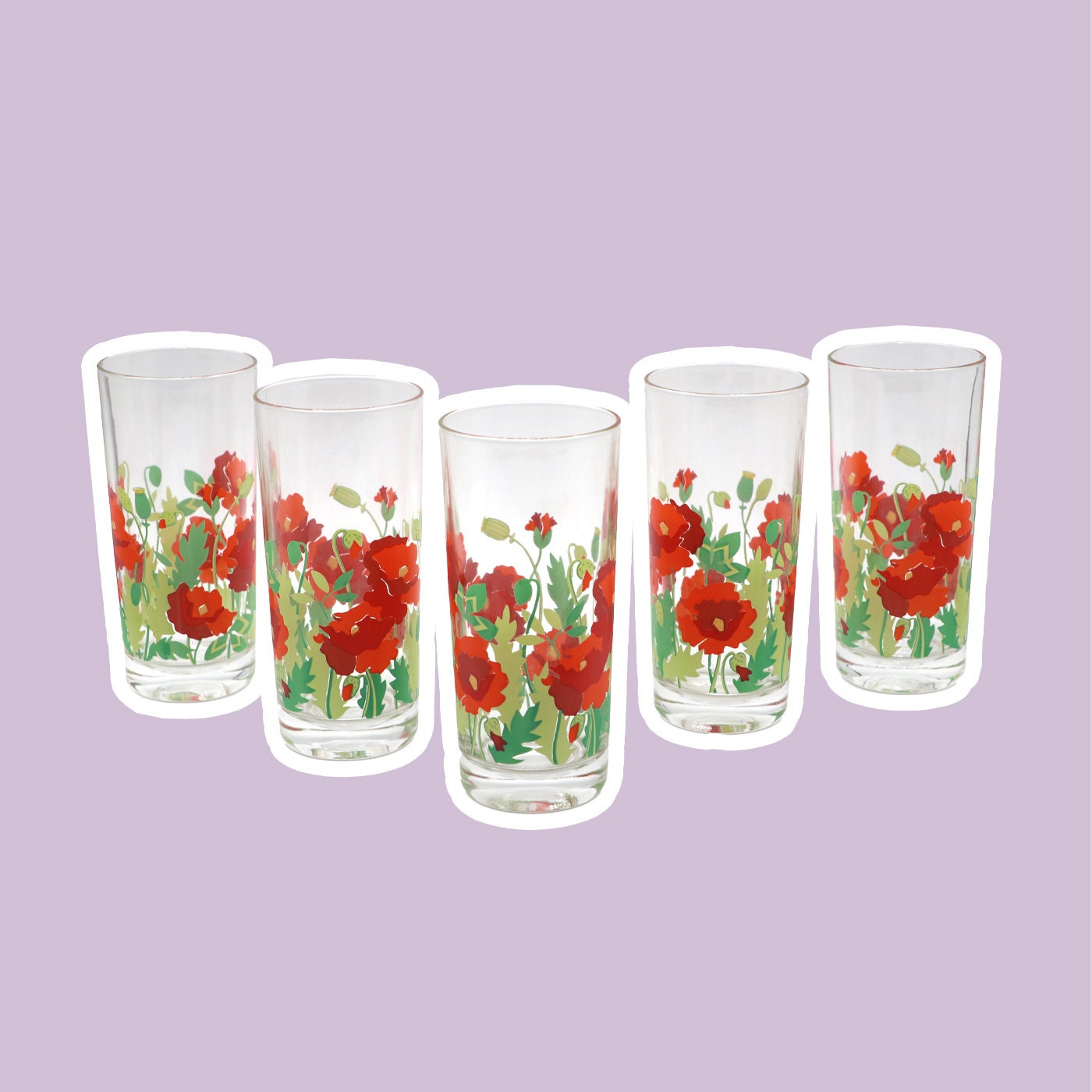 5 Vintage Drinking Glasses Flowers Floral Poppy Flowers France Red Juice Glass Water Glass Glass 80s 1980 Leaf