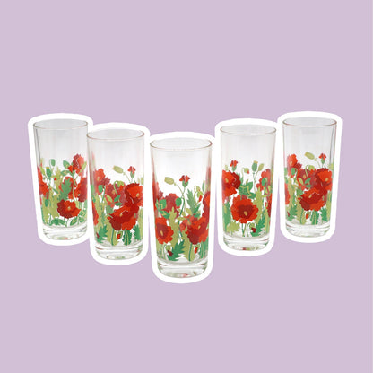 5 Vintage Trinkgläser Blumen Floral Mohn Blüten Frankreich France Rot Saftglas Wasserglas Glas 80er 1980 Blatt