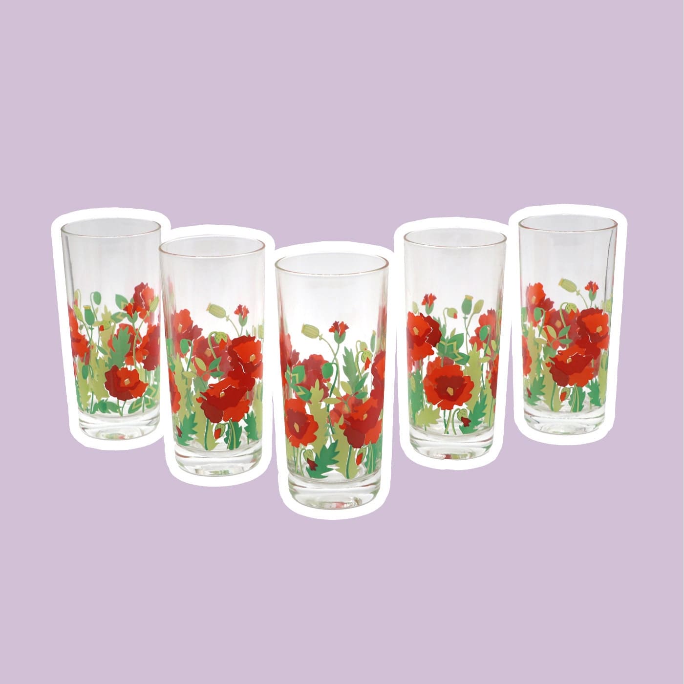 5 Vintage Drinking Glasses Flowers Floral Poppy Flowers France Red Juice Glass Water Glass Glass 80s 1980 Leaf