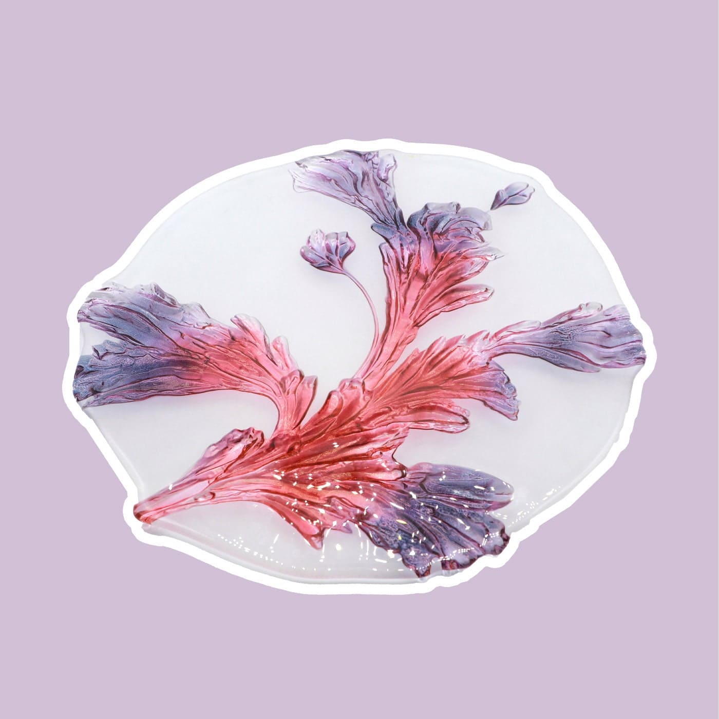 Grand bol d'offrande Walther verre feuille d'acanthe années 80 1980 violet violet rose rouge lilas assiette gâteau gâteau vintage